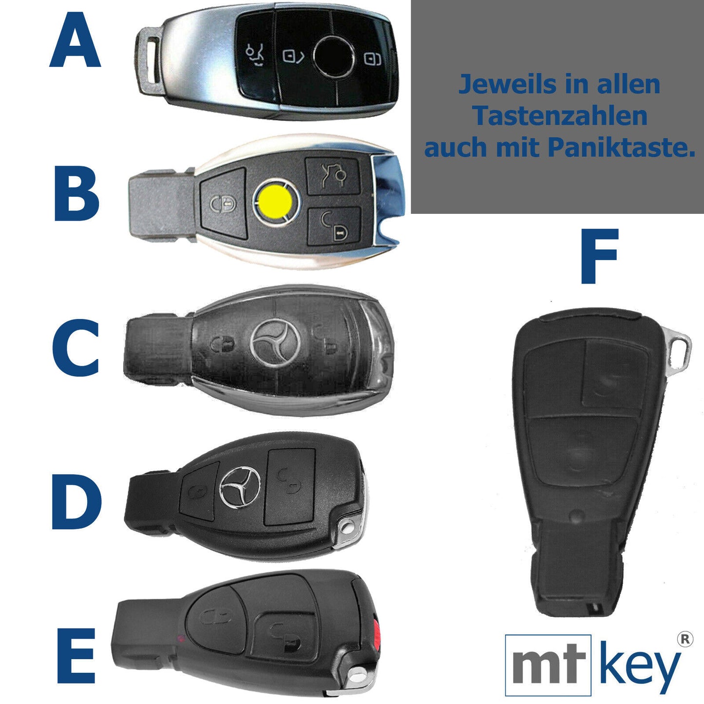 Auto Schlüssel Smartkey Funk Fernbedienung Sender Schlüssel Rohling Notschlüssel Smartkey Chrom kompatibel mit Mercedes Benz