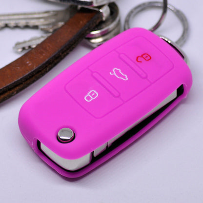 Auto Schlüssel Hülle Silikon Schutz Cover Pink kompatibel mit VW Seat Skoda ab 11/2009 3 Tasten Klappschlüssel