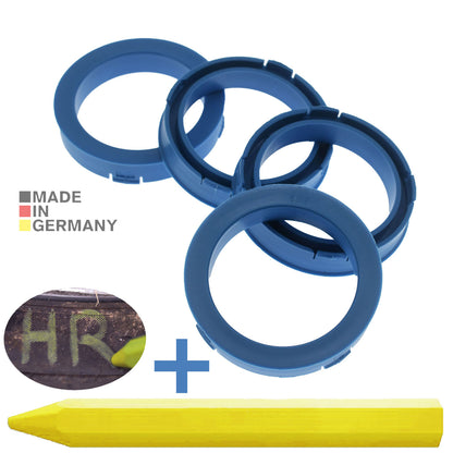 4X Zentrierringe 73,1 x 56,6 mm Hellblau Felgen Ringe + 1x Reifen Kreide Fett Stift