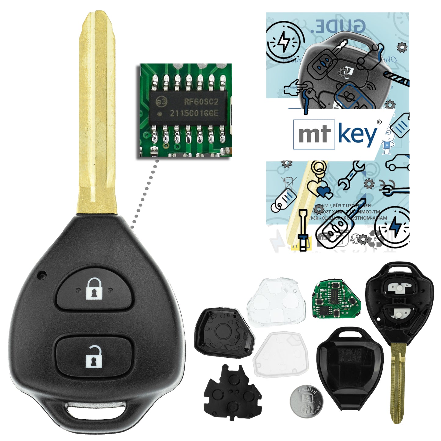 MT-KEY 2 Tasten Funk Schlüssel 434MHZ ID67 Fernbedienung kompatibel mit Toyota IQ Hilux N25 Auris I E150 Rav4 A3 Camry 433MHZ Autoschlüssel