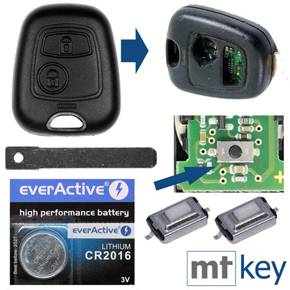 Auto Schlüssel Funk Fernbedienung 1x Gehäuse + 1x Rohling VA2 + 2X Mikrotaster + 1x CR2016 Batterie kompatibel mit Citroen C1 C2 C3 Peugeot 107 Toyota Aygo