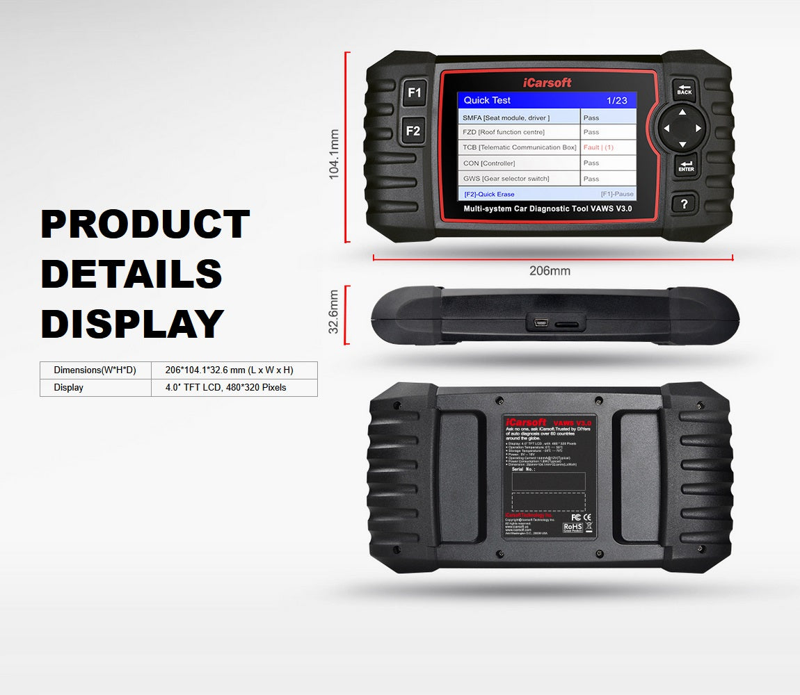 DIAGNOSEGERÄT iCARSOFT VAWS V3.0 für VW Audi Seat Skoda OBD Scanner Online Updates DEUTSCH