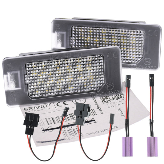 BRANDT Kennzeichenleuchten + Kabel 6000K LED + Widerstand kompatibel mit SKODA FABIA II III 542 545 NJ3 YETI 5L SUPERB II 3T VW PASSAT B6 CC 3C 357 PORSCHE Panamera Turbo 970 Kennzeichenbeleuchtung