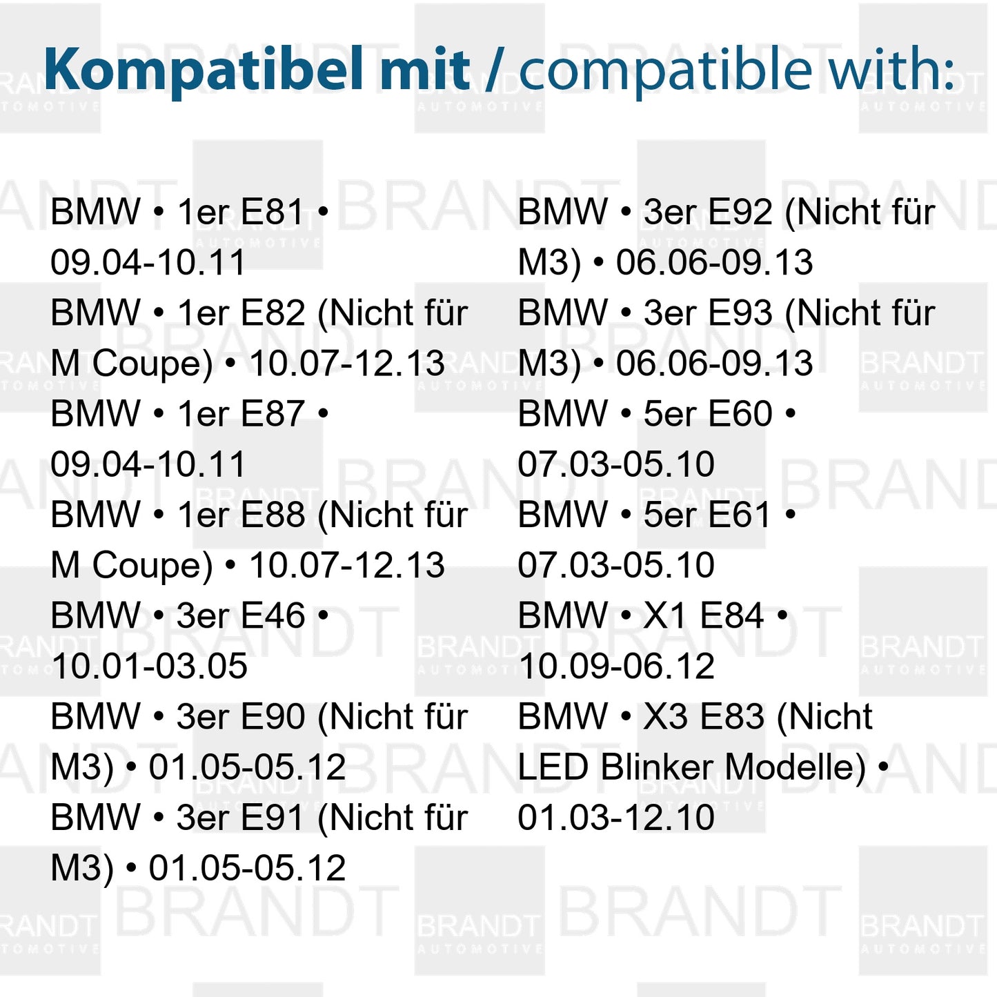 BRANDT Seitenblinker Set LED Blinker + Kabel Weiss passend für Bmw 1er E81 E87 04-11 E82 E88 07-13 3er E46 01-05 3er E90 E91 E92 E93 05-13 E60 E61 03-10 X1 E84 09-12 X3 E83 03-10 Blinkleuchten