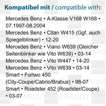 BRANDT Seitenblinker Set LED Kotflügel Blinker + Kabel Schwarz passend für Mercedes Benz A-Klasse W168 V168 Citan W415 Vito Viano W639 V639 W447 V447 Smart Fortwo 450 Roadster 452 Blinkleuchten