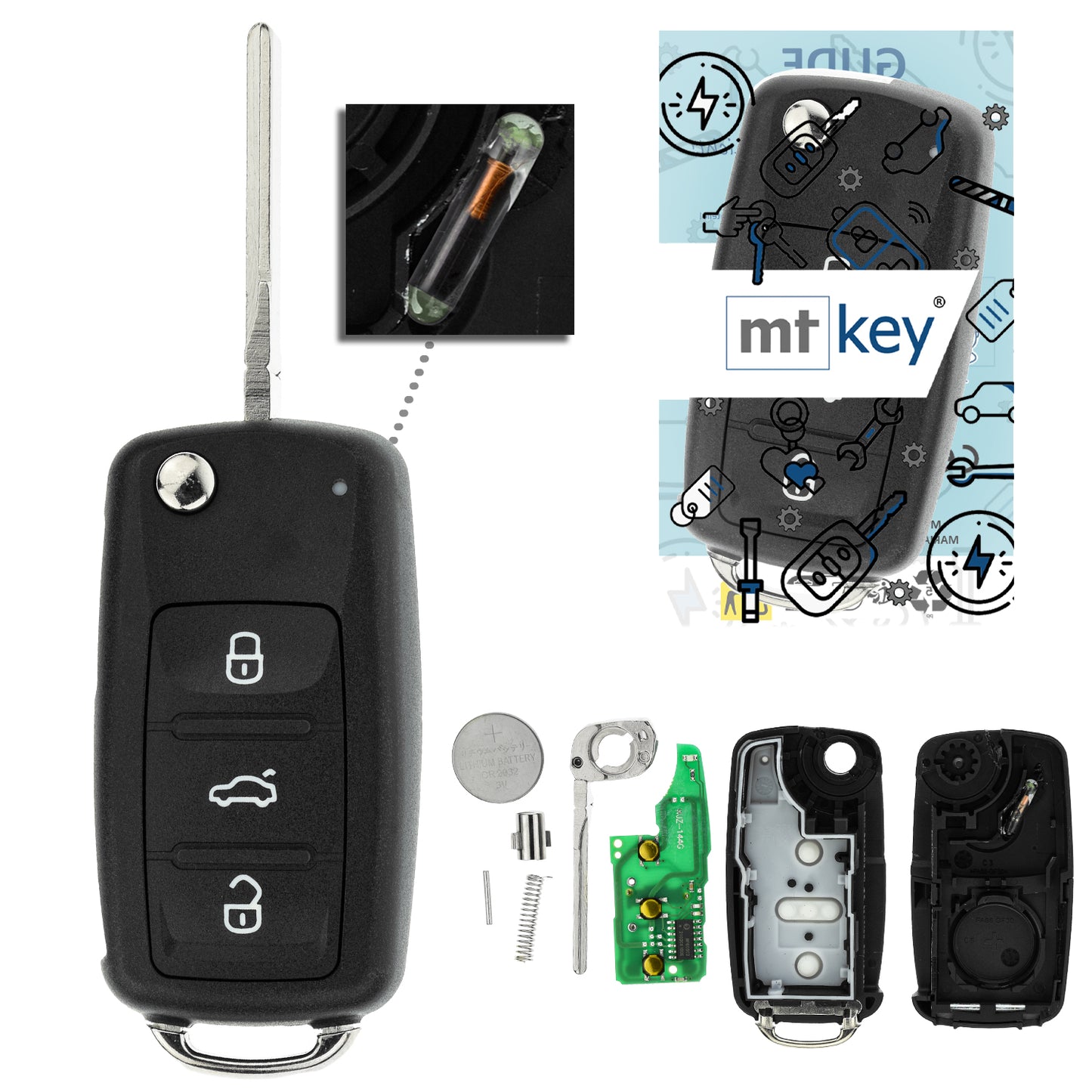 MT-KEY 3 Tasten Funkschlüssel Auto Klapp Schlüssel 434MHZ kompatibel mit VW Touran Beetle Caddy Eos Golf 6 Polo 5 UP! Seat Leon II Mii Skoda Yeti