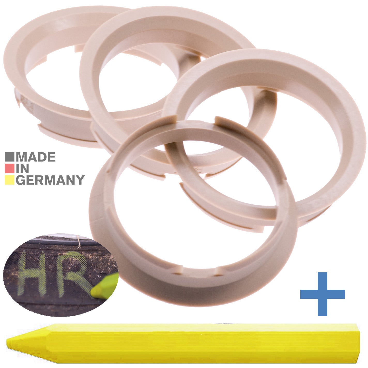 4X Zentrierringe 63,4 x 56,6 mm Beige Felgen Ringe + 1x Reifen Kreide Fett Stift